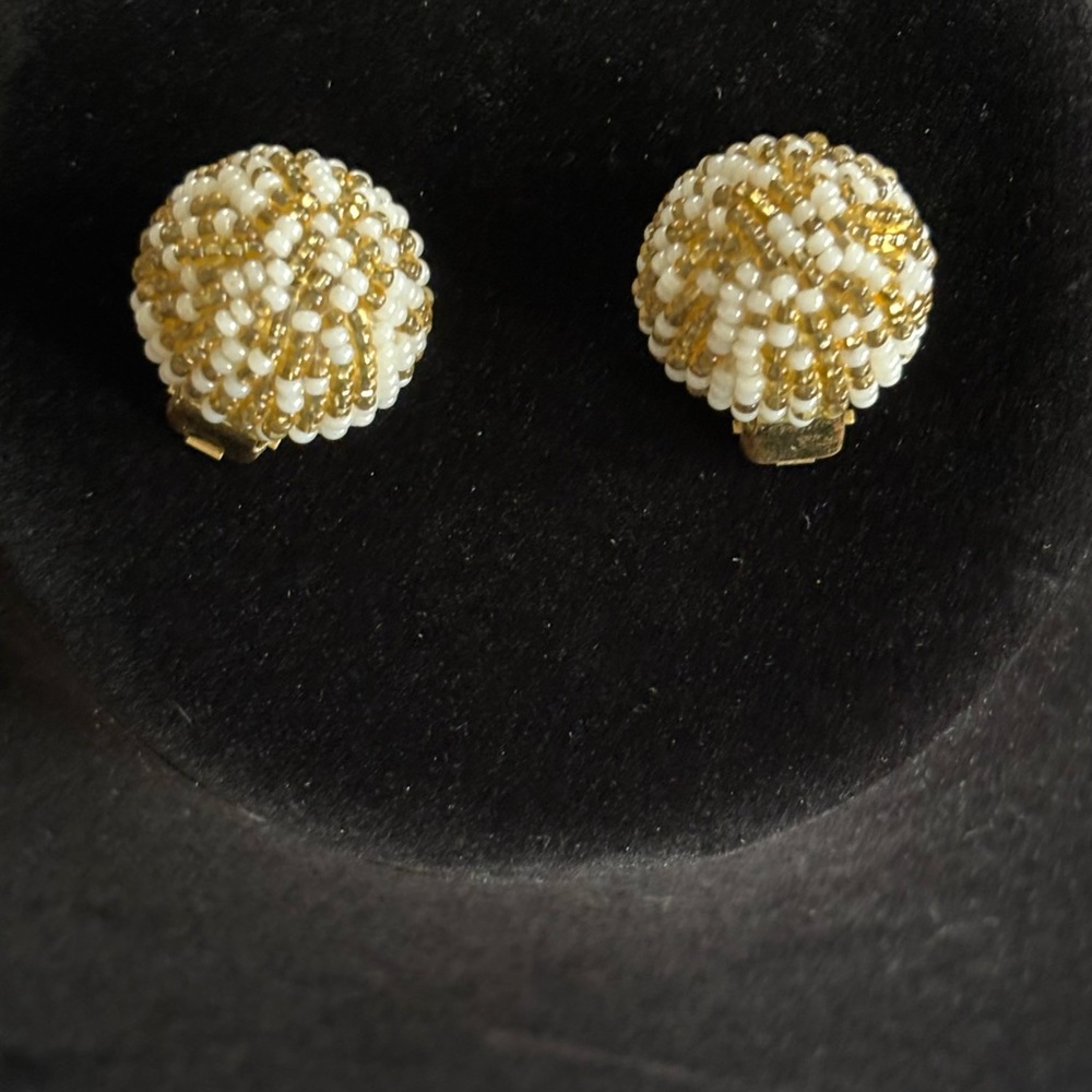 Vintage Gold and White Beaded Clip-On Earrings
